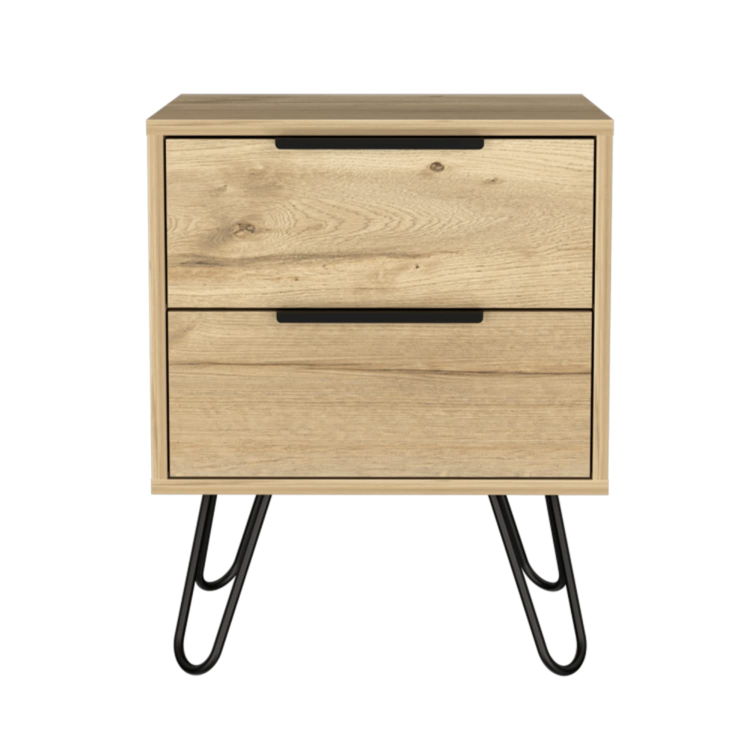 Nightstand 22&Quot; H, 4 Hairpin Legs, 2 Drawers, Light Oak